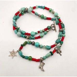 Vintage Sterling Silver, Gemstones, Glass & Silver Bead Necklace with Charms